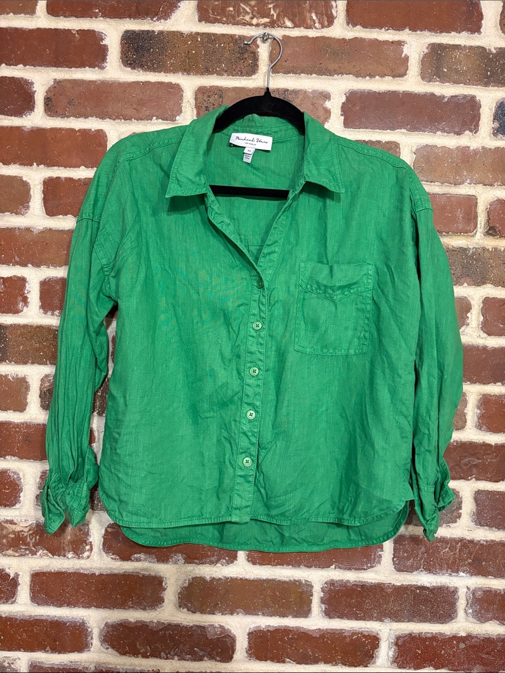 Michael stars 100% linen cropped button down green shirt size extra small